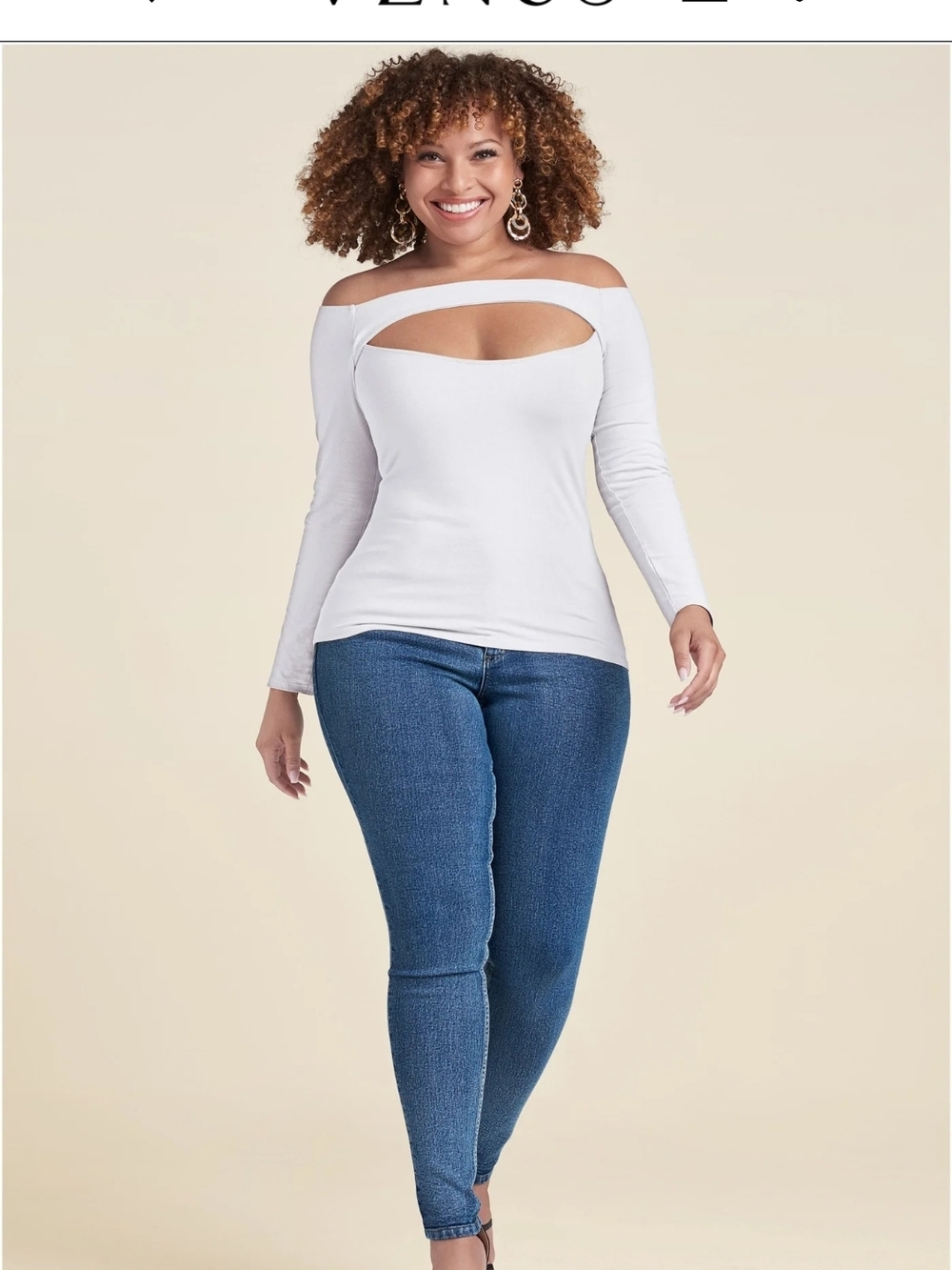 VENUS Woman's off the shoulder Front Cut Out long sleeve white top- XL